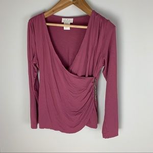 Soft Surroundings Pink Rose Faux Wrap Top Cinched Side with Rhinestone Detail